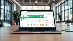 Engaging interface of WhatsApp Smart CRM showcased on a laptop in a dynamic office environment.