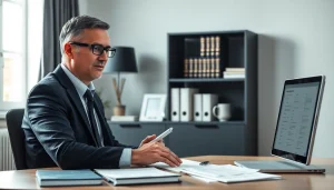 Traduttore giurato working in a professional office, focusing on legal translations.