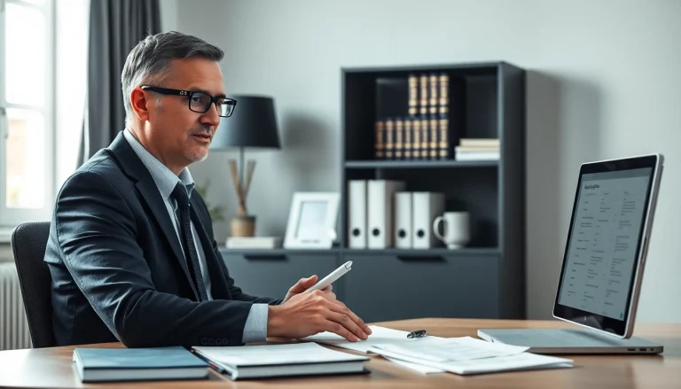 Traduttore giurato working in a professional office, focusing on legal translations.