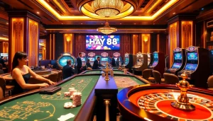 Engaging gamblers at Hay 88 casino with poker tables and roulette in a vibrant atmosphere.
