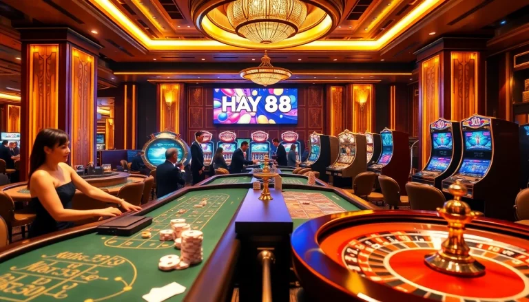 Engaging gamblers at Hay 88 casino with poker tables and roulette in a vibrant atmosphere.