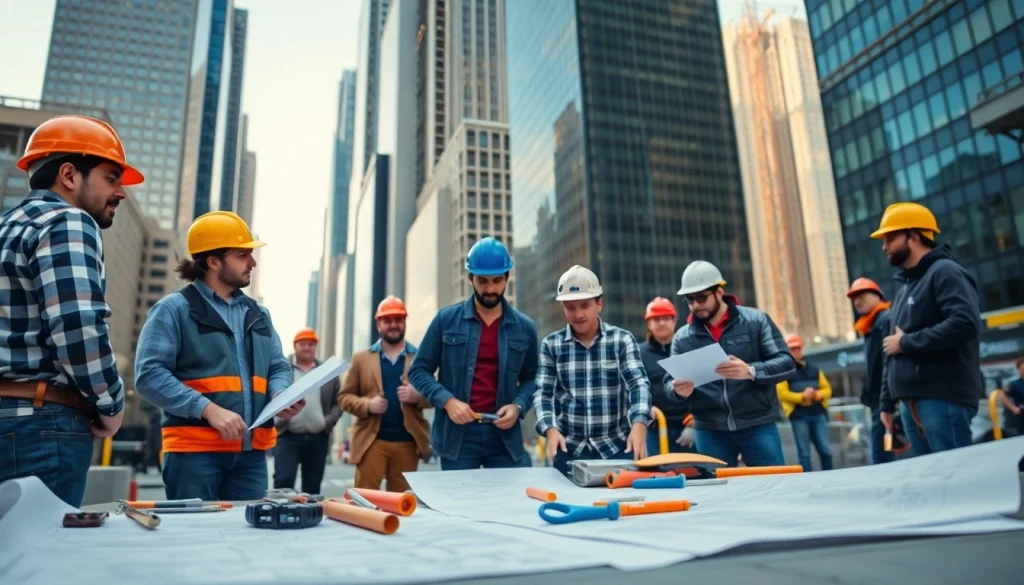 Construction site with a team of New York City Commercial General Contractor professionals collaborating.