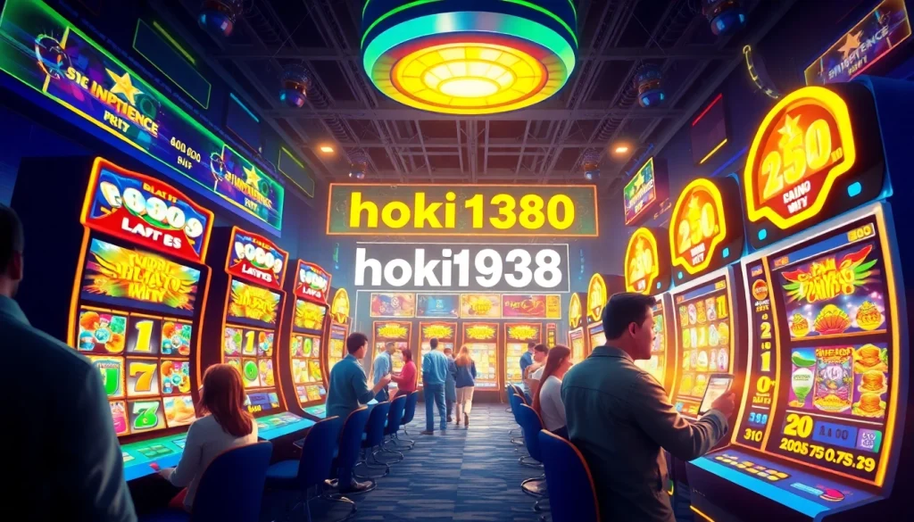 Exciting digital gaming scene showcasing hoki138 pro with vibrant slot machines and enthusiastic players.