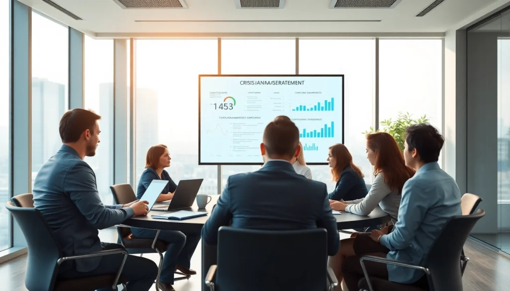 Crisis management consultant leading strategic meeting with team in modern office setting
