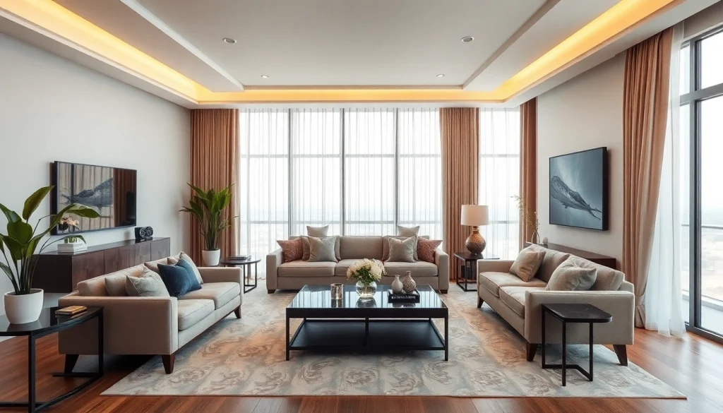 Showcase of stylish interior design dubai featuring an elegantly furnished living room.