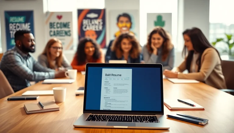 Engaging scene of a professional team discussing resume writing services near me in a modern office.