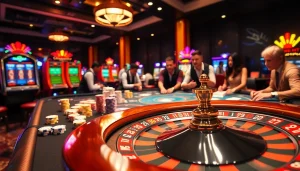Engaging casino scene showcasing obral toto with vibrant gaming tables and excited players.