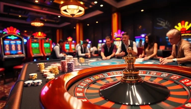 Engaging casino scene showcasing obral toto with vibrant gaming tables and excited players.