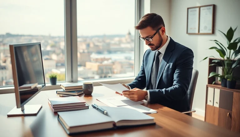 Traducteur professionnel à Marseille, impliqué dans des travaux de traduction certifiée, entouré de documents de référence et de la silhouette de la ville.