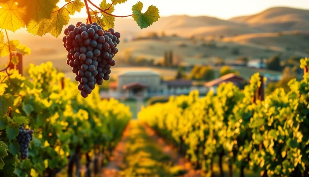 Explore wineries in Clarksburg featuring scenic vineyards with ripe grapes in a stunning sunset.