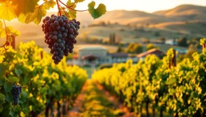 Explore wineries in Clarksburg featuring scenic vineyards with ripe grapes in a stunning sunset.