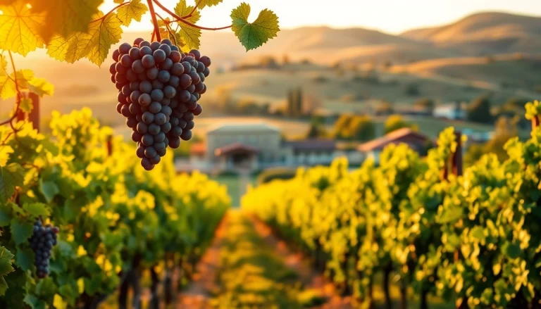 Explore wineries in Clarksburg featuring scenic vineyards with ripe grapes in a stunning sunset.