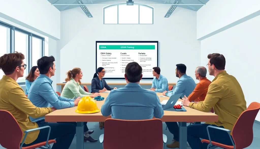 Engaged participants in OSHA training carolinas discussing safety protocols in a modern classroom.