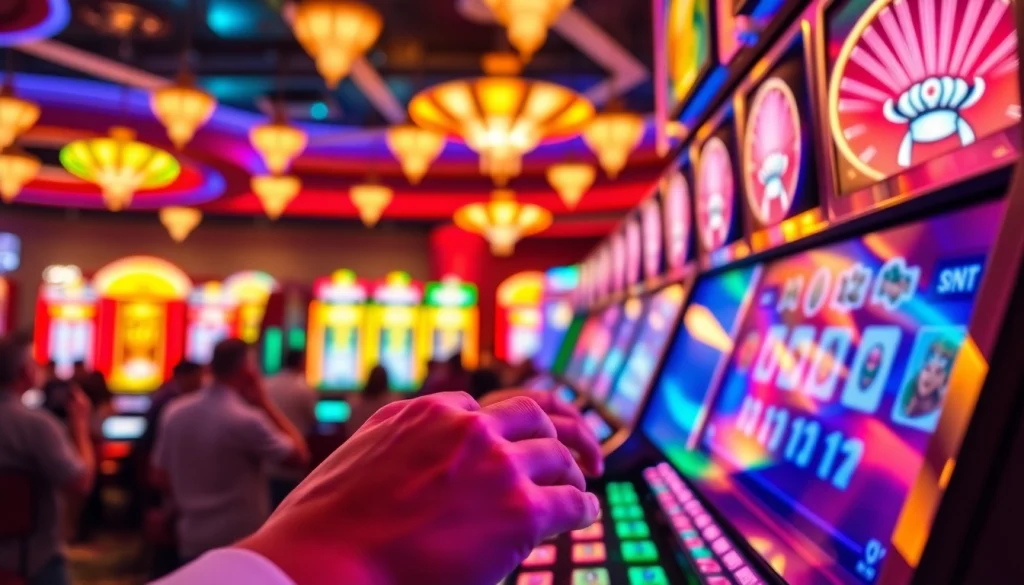 Menggambarkan mahjong slot dengan kegembiraan pemain dan lingkungan kasino yang meriah.