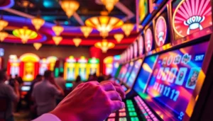 Menggambarkan mahjong slot dengan kegembiraan pemain dan lingkungan kasino yang meriah.