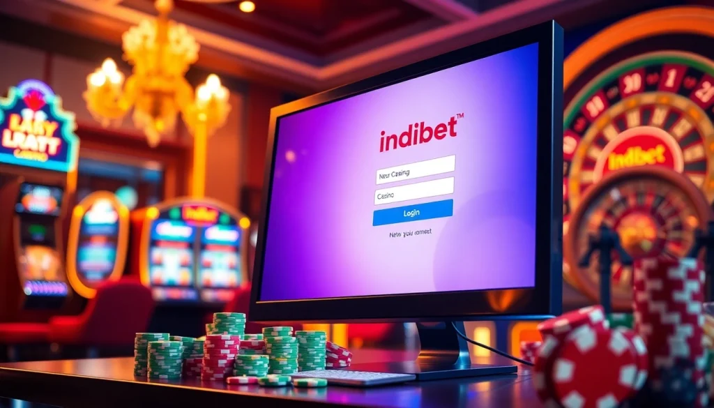 Engage with the indibet casino login interface while surrounded by vibrant gambling elements like poker chips and slot machines.