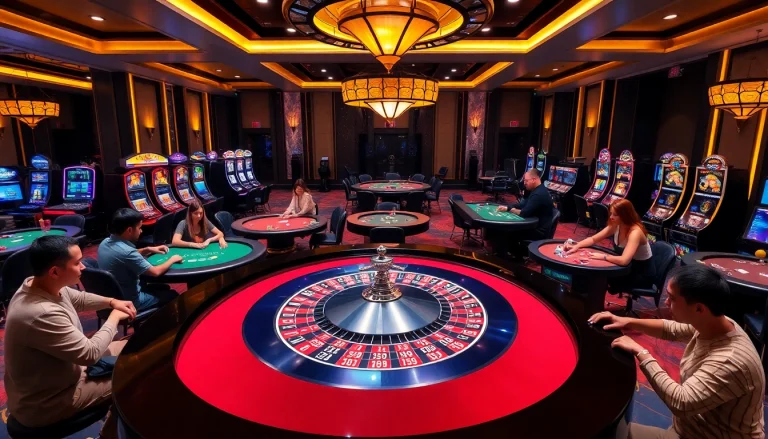 Exciting gambling scene at https://sunwin88.art/ featuring modern casino tables and vibrant poker action.