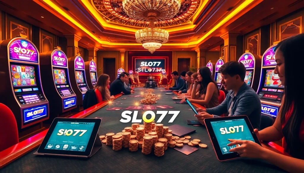 Spin and win at Slot777 with vibrant slot machines and excited players in a luxurious casino setting.