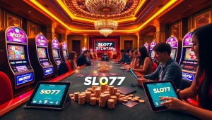 Spin and win at Slot777 with vibrant slot machines and excited players in a luxurious casino setting.