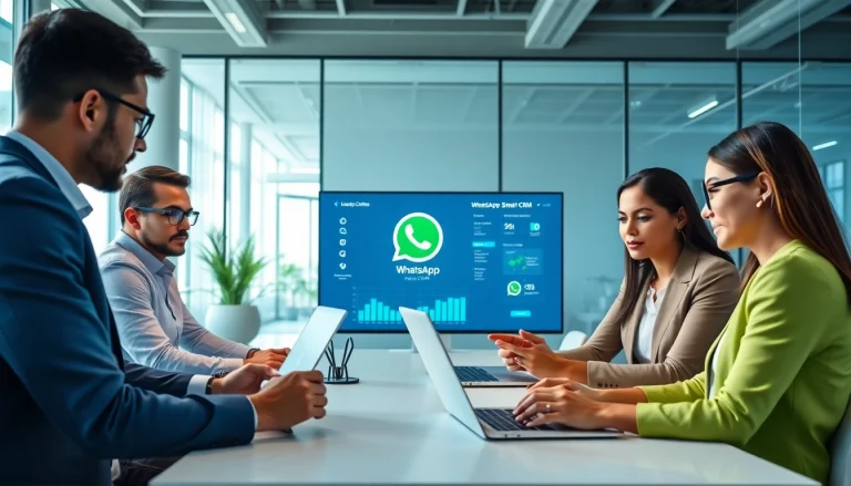 Improve customer interactions with the WhatsApp Smart CRM in a vibrant office setting.
