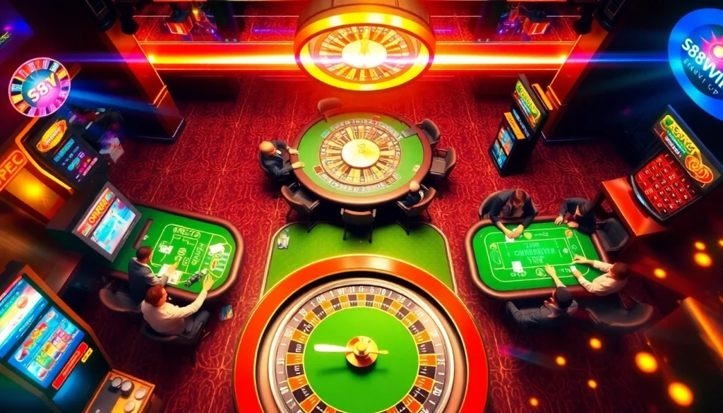 Experience the excitement of gambling at Trang chủ S88VIP with engaging casino scenes and vibrant game tables.