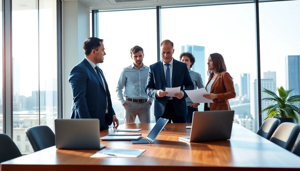 Crisis management consultant engaging a diverse team in strategic discussions in an office setting.