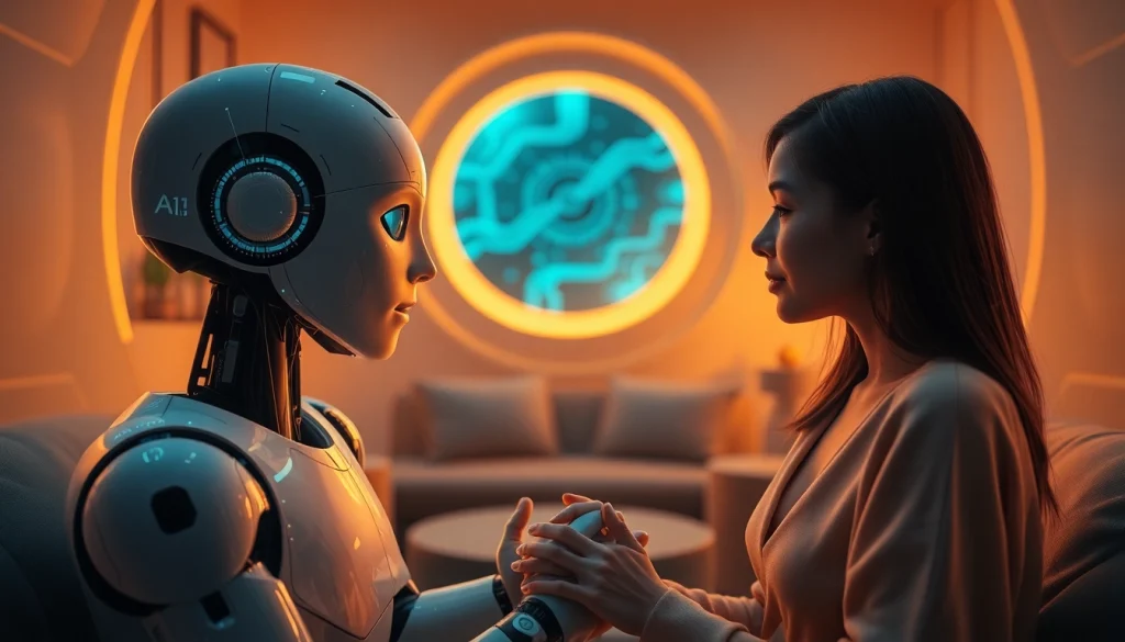 Engaging scene of AI sex interaction in a cozy futuristic environment.