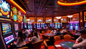 Players enjoying the thrill of birutoto at a vibrant casino with slot machines and poker tables.