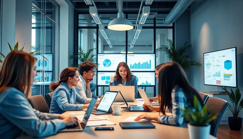 Công ty thiết kế website collaborating in a modern office environment, showcasing innovation and professionalism.