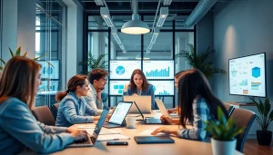 Công ty thiết kế website collaborating in a modern office environment, showcasing innovation and professionalism.