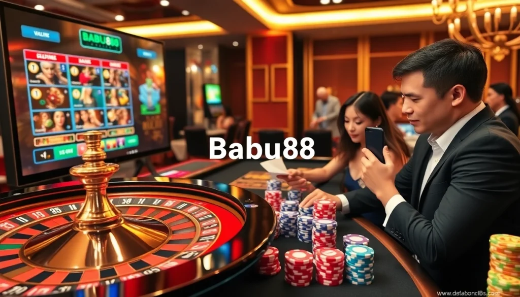 Babu88 showcases a vibrant online casino scene with poker chips and roulette, representing thrilling gambling experiences.