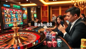 Babu88 showcases a vibrant online casino scene with poker chips and roulette, representing thrilling gambling experiences.