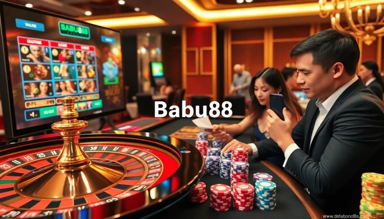 Babu88 showcases a vibrant online casino scene with poker chips and roulette, representing thrilling gambling experiences.