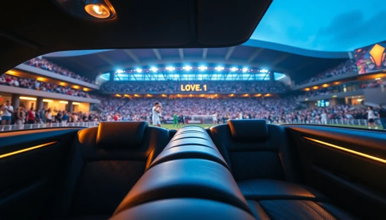Experience World Cup Group Transportation in luxury with a premium limousine outside a Los Angeles stadium.