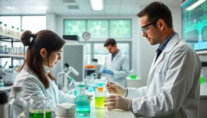 Research scientists exploring win55 cannabinoid properties in a modern lab setting.