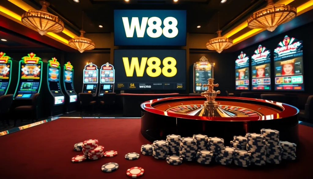 Experience the excitement of gambling with a secure link to W88, featuring vibrant casino visuals.