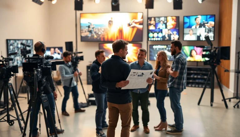 Creative Video Production Agency team collaborating in a vibrant studio environment.