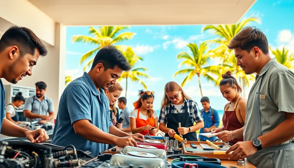 Students engaged in hands-on training at hawaii trade schools in a sunny tropical setting.