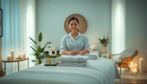 출장 massage therapist prepared with calming ambiance and professional setup.