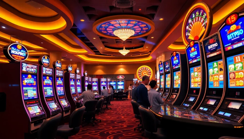 Pemain menikmati permainan Slot Depo Pulsa dalam suasana kasino yang meriah dengan mesin slot mewah.