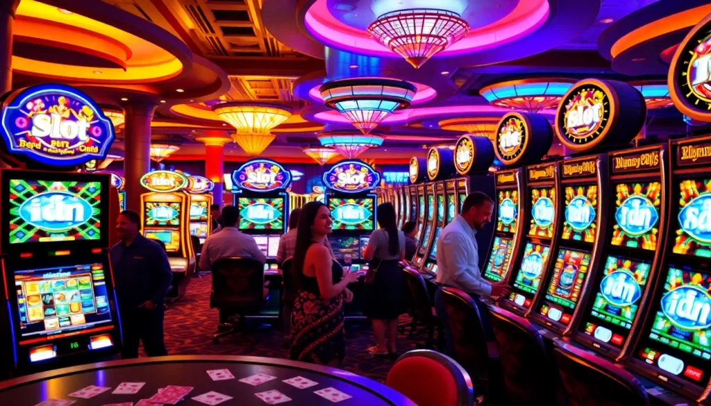 Play at idn slot machines in a vibrant casino with bright lights and exciting atmosphere