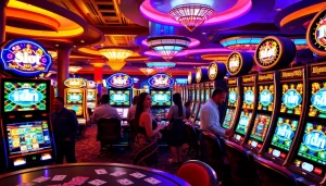 Play at idn slot machines in a vibrant casino with bright lights and exciting atmosphere