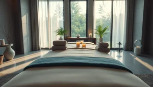 출장마사지용의 고요한 호텔 마사지 환경으로, 수건과 양초가 놓인 마사지 테이블을 특징으로 합니다.