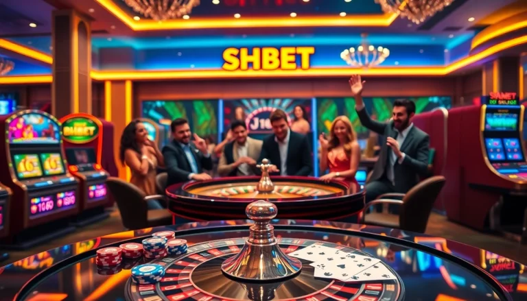 SHBET players engaging at a bustling casino table, showcasing excitement in a vibrant gambling scene.