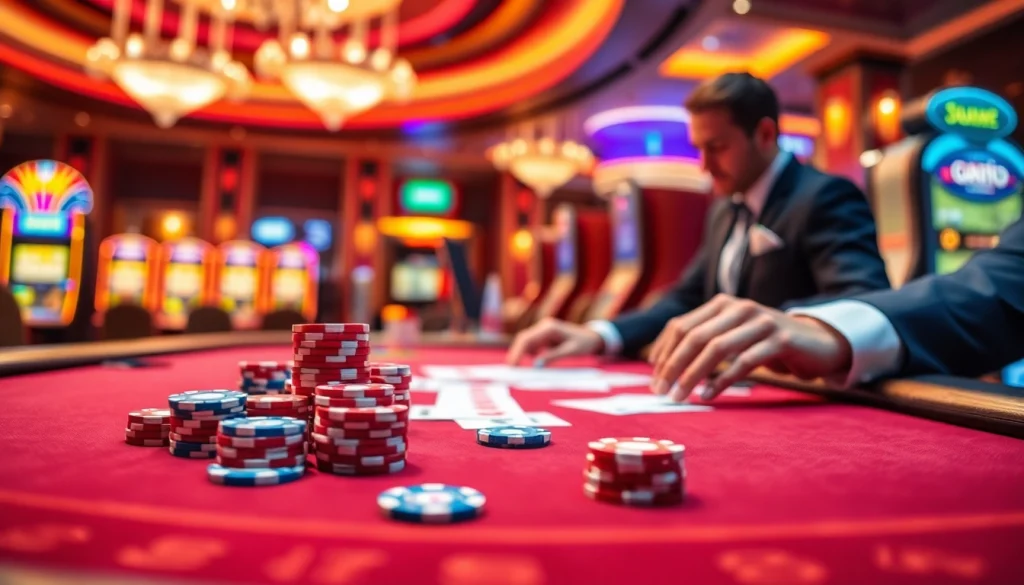 Experience thrilling poker action at U888, where vibrant chips and skilled dealers create a captivating casino environment.