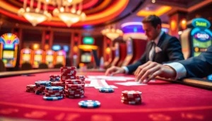 Experience thrilling poker action at U888, where vibrant chips and skilled dealers create a captivating casino environment.