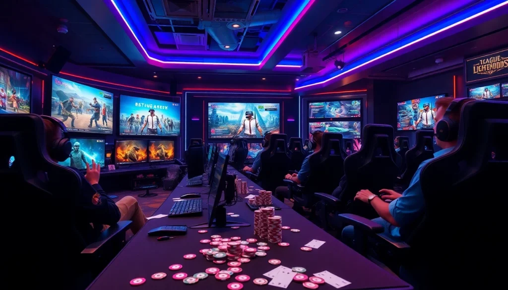 Experience the thrill of Trực tiếp esports action in a luxurious gaming arena with players and betting elements.
