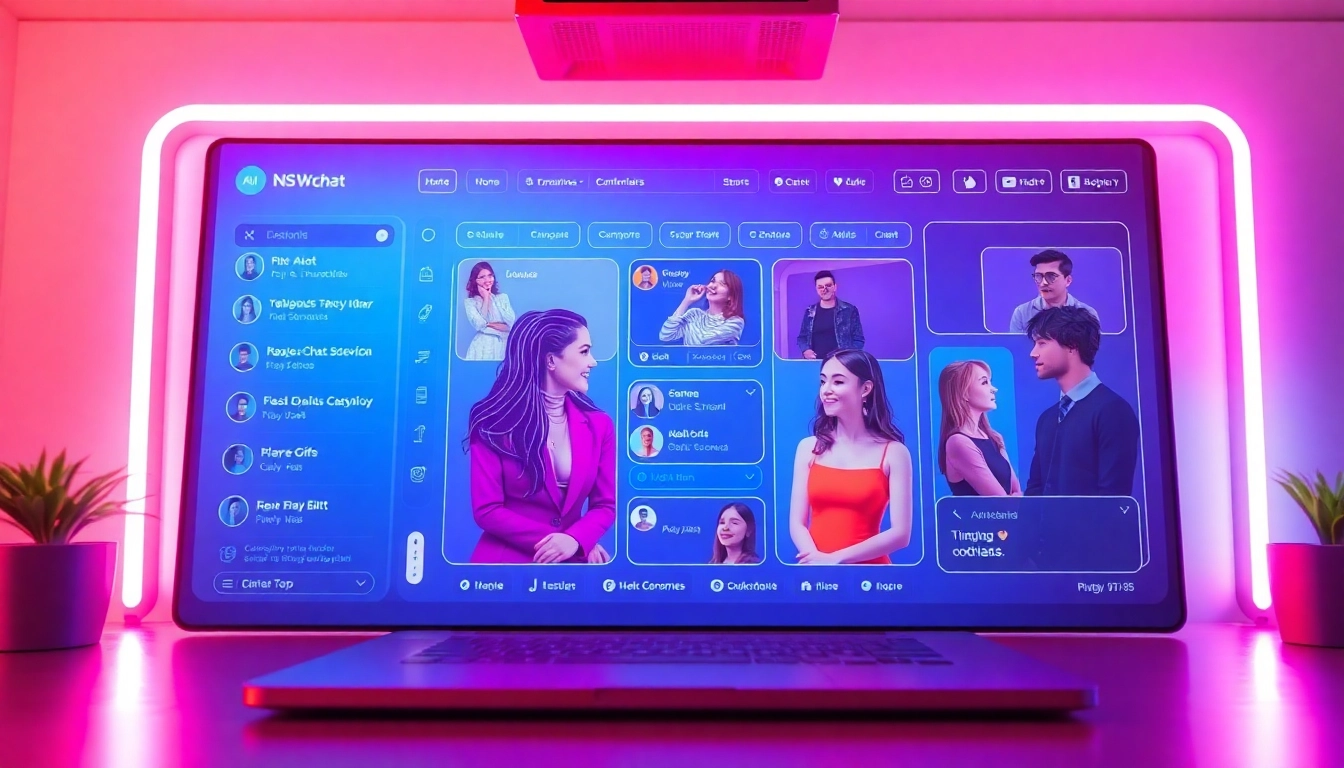 Immersive NSFW AI chat platform interface with engaging avatars and vibrant colors.