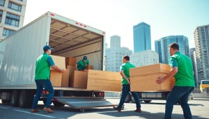 Umzugsfirma team loading a moving truck in city, ensuring a smooth relocation process.