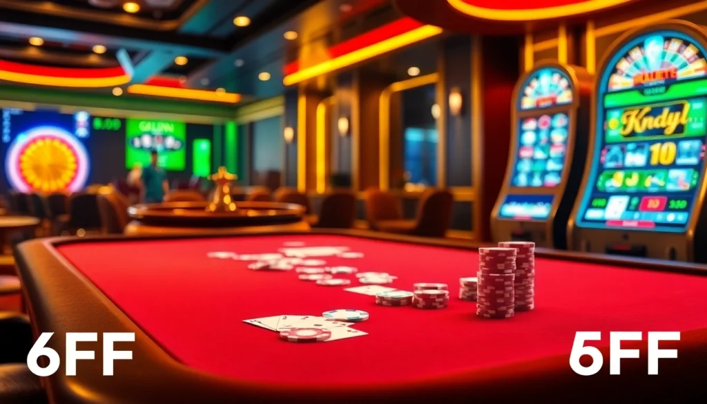 Experience the excitement of gambling at the luxurious 6FF casino with poker chips and vibrant gameplay atmosphere.